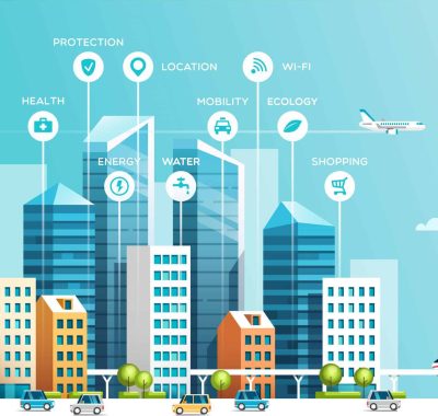 Urban landscape with buildings, skyscrapers and transport traffic. Concept of smart city with different icons. Vector illustration.